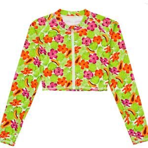 SwimZip Women's Long Sleeve Crop Rash Guard Sz M UPF 50+ Sun Protection Tropical